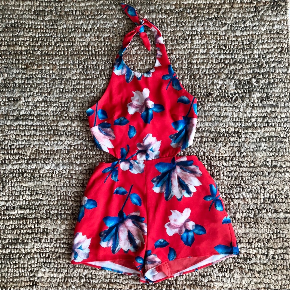 Red and Blue Floral Romper